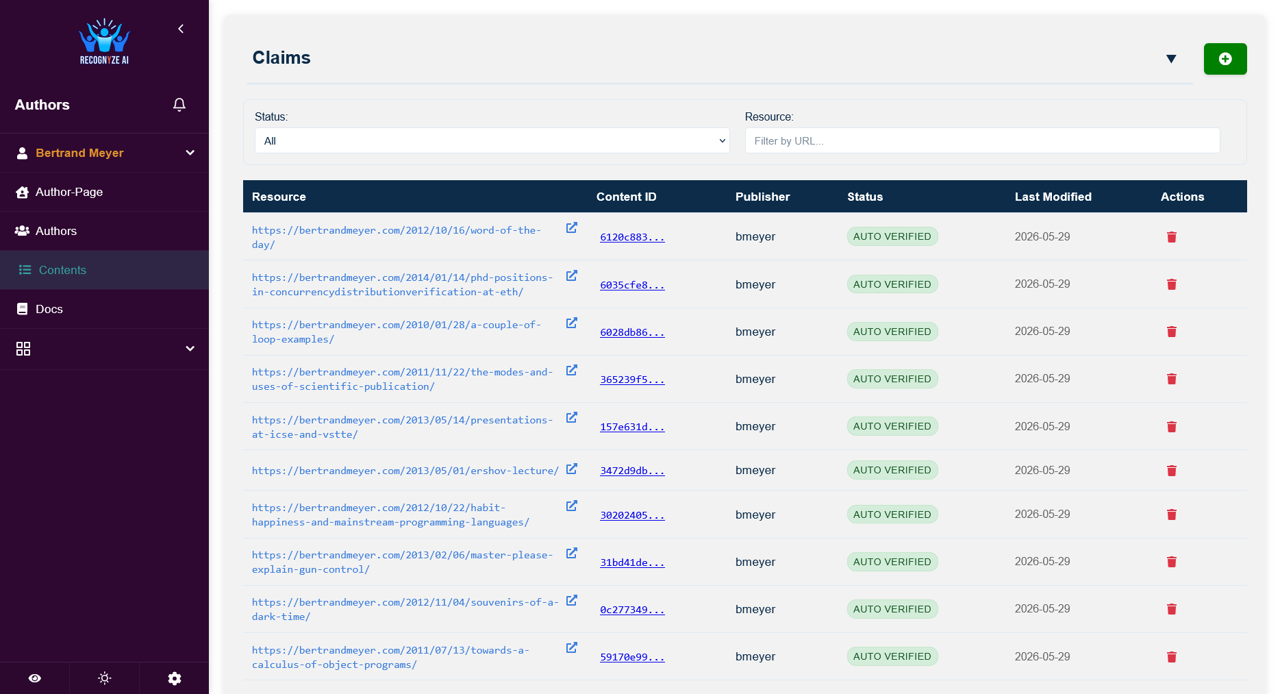 Author claims dashboard